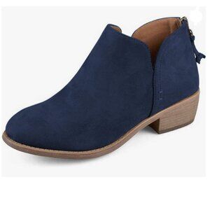 YDN Navy Almond Toe Block Low Heel Classic V Cut Ankle Boot Back Zippers Shoe